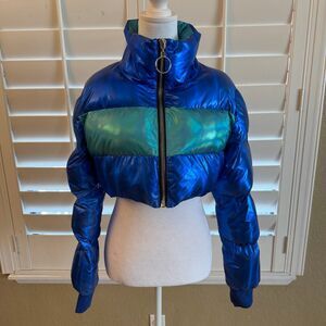 Club Exx Dolls Kill Women’s Blue & Green Cropped Puffer Jacket Size XS Festival